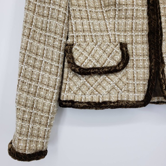 Y2K Allen by Allen Schwartz Tweed Blazer Jacket 8 Velvet Trim Vintage Tan Brown - Picture 5 of 9
